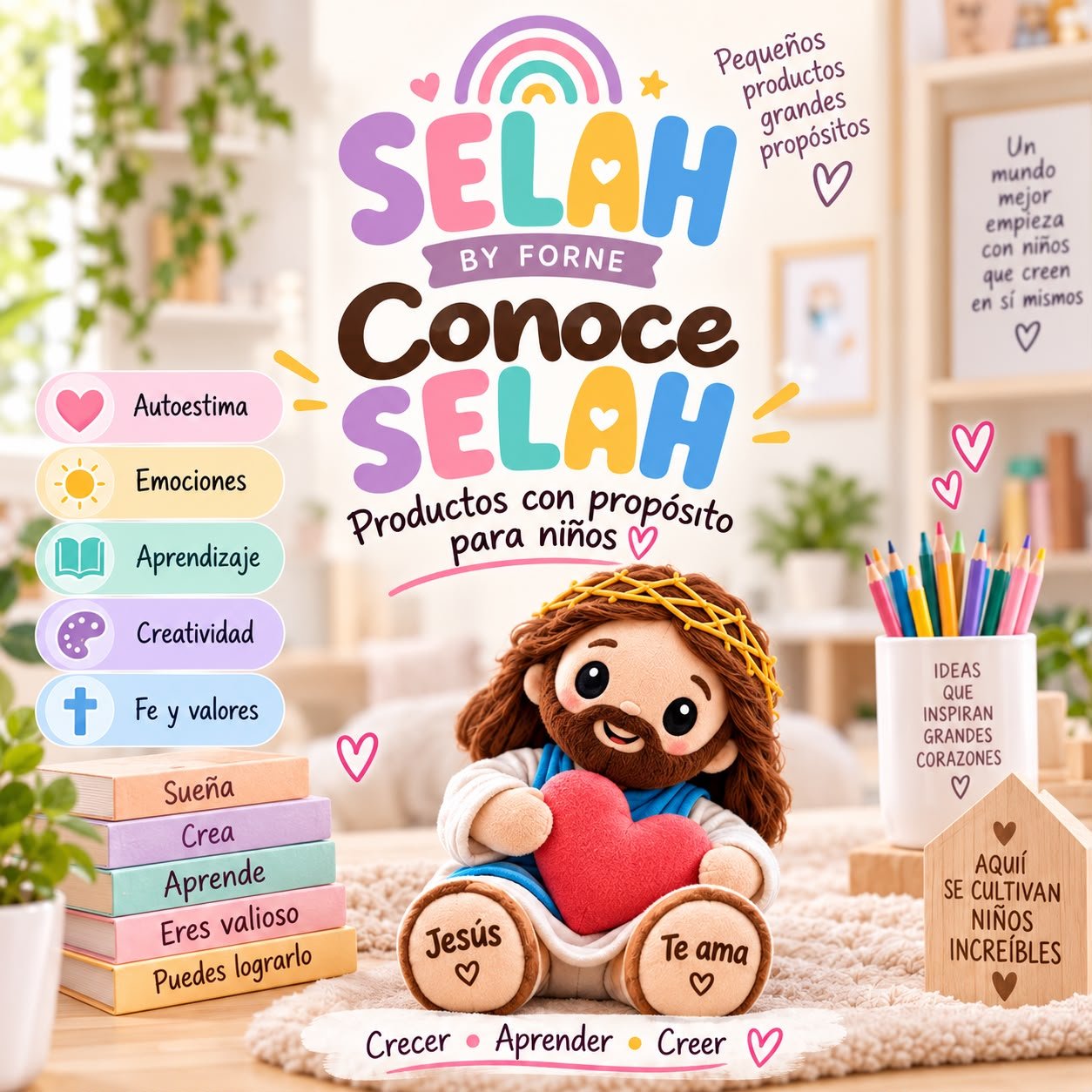 Conoce SELAH: productos con propósito para niños, autoestima, emociones, aprendizaje, creatividad, fe y valores.