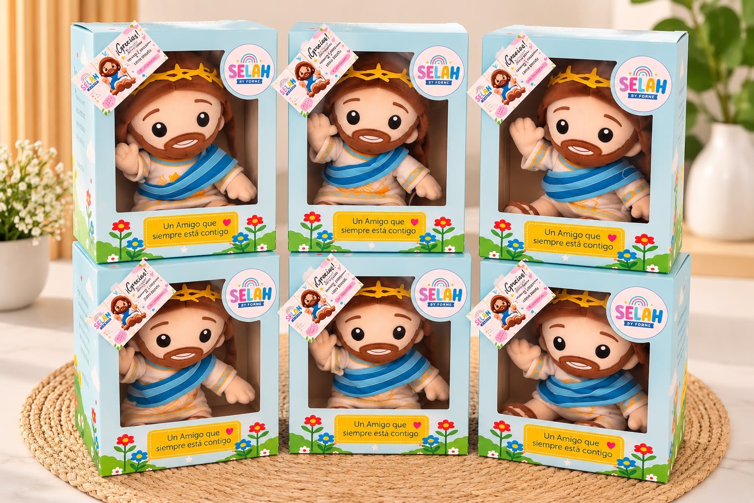 Peluches Jesús te ama de SELAH BY FORNE en sus cajas de regalo celestes; cada unidad se vende por separado
