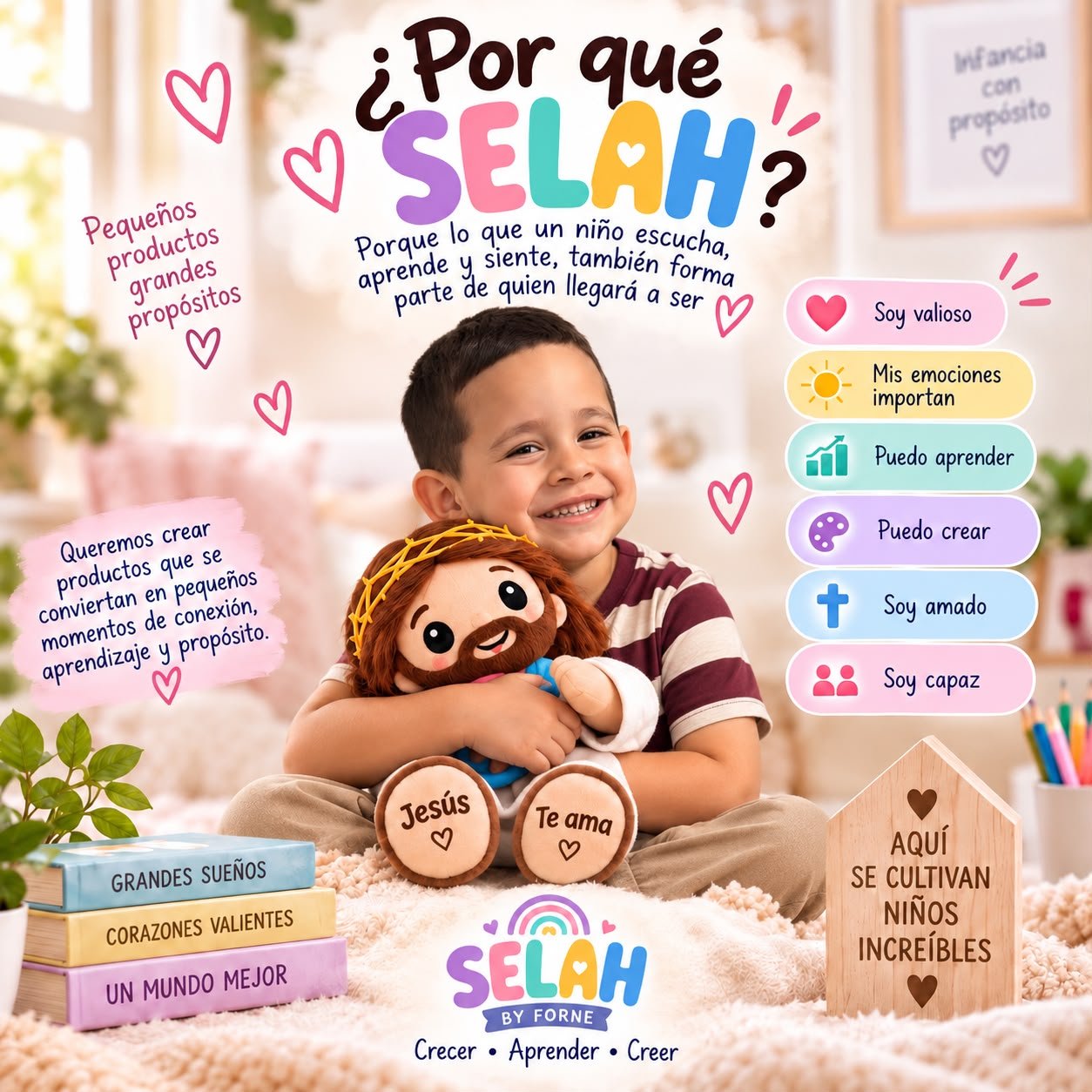 Por qué SELAH: un niño abraza un peluche de Jesús entre mensajes de autoestima, emociones y aprendizaje.